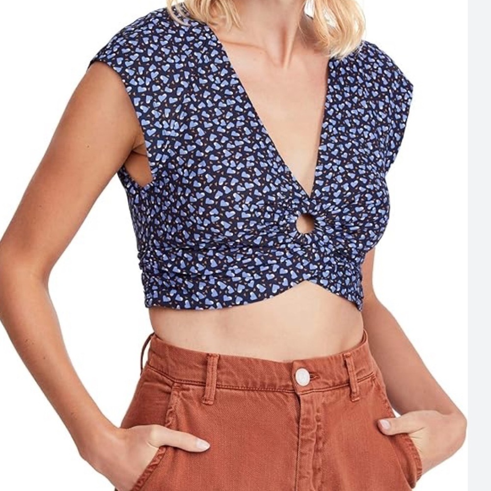 Free People NWT Havana Honey printed crop top Size Large Blue Heart Linen